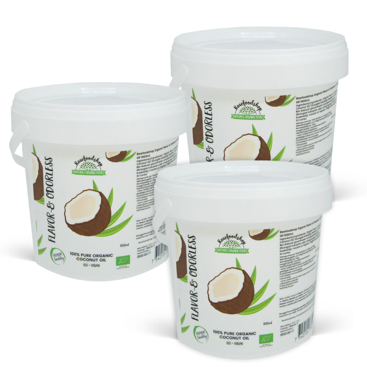 Kokosolje Smak & Duftfri ØKO 1000ml x 3 bokser i gruppen Råvarer & Drikke / Nøtter / Nøtteoljer hos Rawfoodshop Scandinavia AB (15060-1000-SET3)