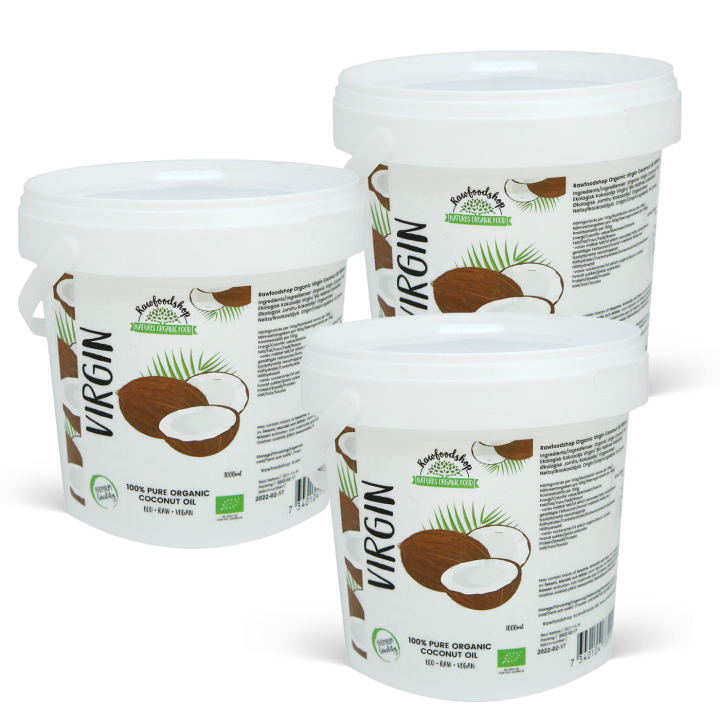 Kokosolje Virgin RAW ØKO 1000ml x 3 bokser i gruppen Hud & Kropp / Naturlig DIY / Fett & Voks / Kokosolje hos Rawfoodshop Scandinavia AB (15064-1000-SET3)