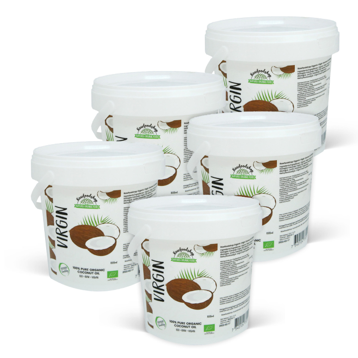 Kokosolje Virgin RAW ØKO 1000ml x 5 bokser i gruppen Hud & Kropp / Naturlig DIY / Fett & Voks / Kokosolje hos Rawfoodshop Scandinavia AB (15064-1000-SET5)