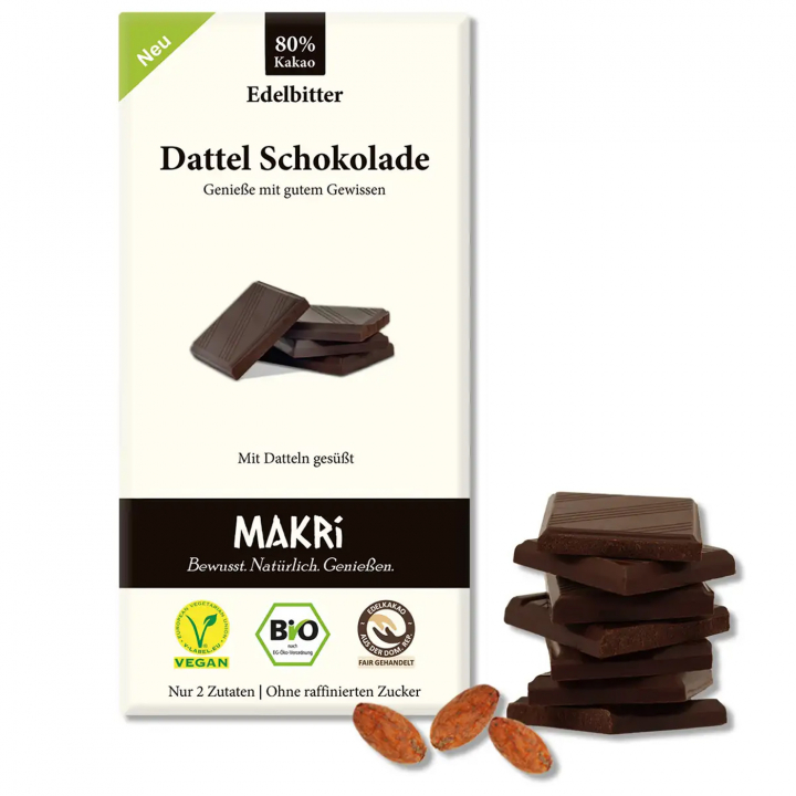 Makri - Mørk Dadelsjokolade 80% ØKO 85g i gruppen Råvarer & Drikke / Godteri og sjokolade / Sjokolade og bars hos Rawfoodshop Scandinavia AB (23678)