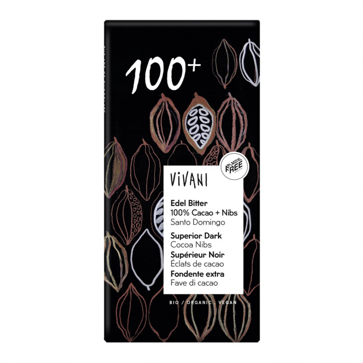 Vivani Sjokolade 100% + Nibs ØKO 80g i gruppen Råvarer & Drikke / Godteri og sjokolade / Sjokolade og bars hos Rawfoodshop Scandinavia AB (25095)