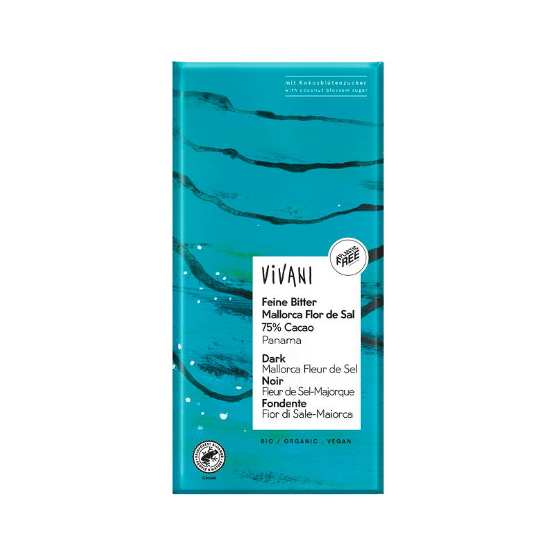 Vivani Chocolate Dark Mallorca Fleur de Sers 80g i gruppen Råvarer & Drikke / Godteri og sjokolade / Sjokolade og bars hos Rawfoodshop Scandinavia AB (4729)