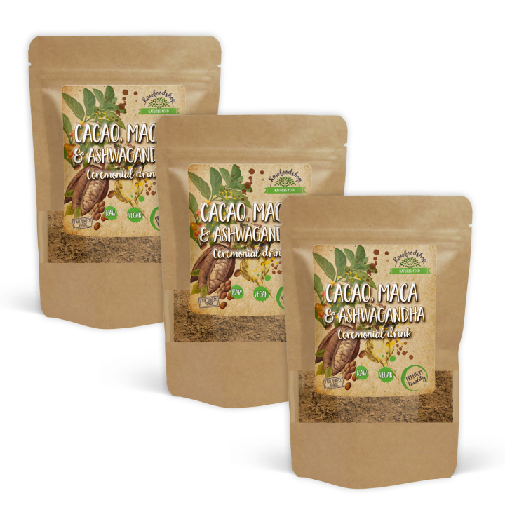Kakaopulver Seremoniell Ashwagandha & Maca 100g x 3 pakker i gruppen Råvarer & Drikke / Baking / Kakaoprodukter hos Rawfoodshop Scandinavia AB (AYAM121-SET3)