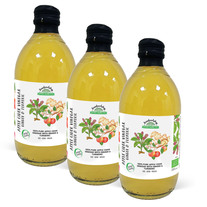 Eplecidereddik Ingefær og Gurkemeie Ufiltrert ØKO 500ml x 3 flasker i gruppen Råvarer & Drikke / Spiskammer / Smaksetting / Eddik hos Rawfoodshop Scandinavia AB (PFAPSSY050006-SET3)
