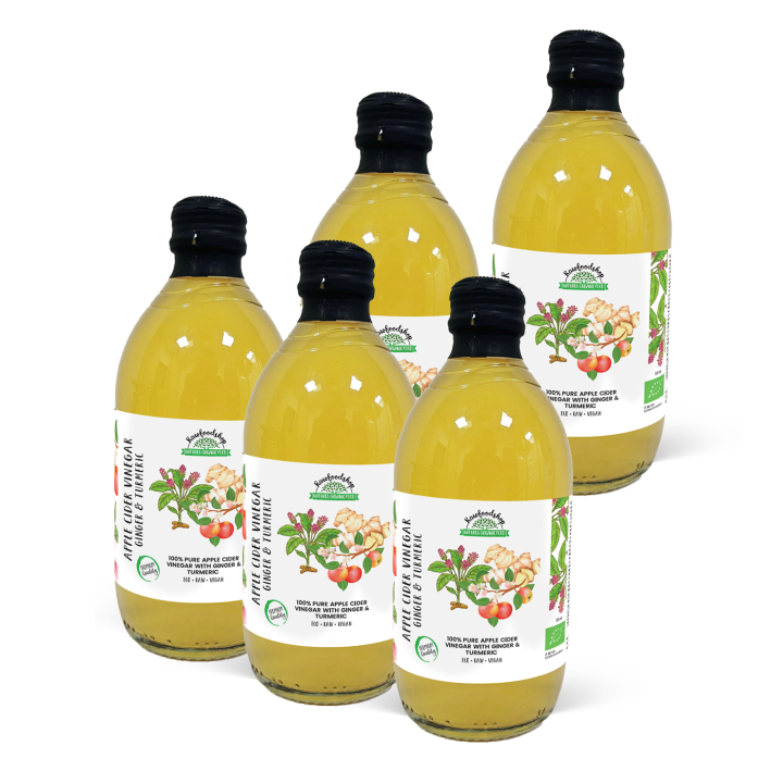 Eplecidereddik Ingefær og Gurkemeie Ufiltrert ØKO 500ml x 5 flasker i gruppen Råvarer & Drikke / Spiskammer / Smaksetting / Eddik hos Rawfoodshop Scandinavia AB (PFAPSSY050006-SET5)