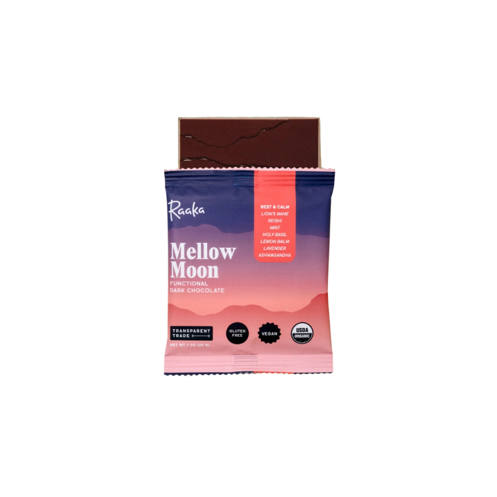 Sjokolade Mellow Moon Rest & Calm 64% ØKO 28g i gruppen Råvarer & Drikke / Godteri og sjokolade / Sjokolade og bars hos Rawfoodshop Scandinavia AB (RAA-1405)