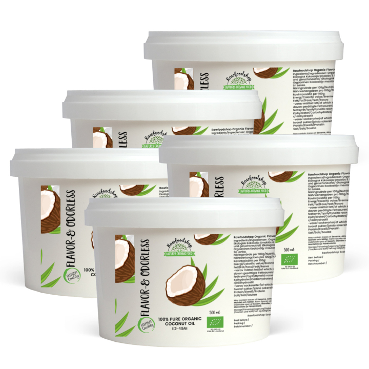 Kokosolje Smak & Duftfri ØKO 500ml x 5 bokser i gruppen Råvarer & Drikke / Nøtter / Nøtteoljer hos Rawfoodshop Scandinavia AB (RFET400225E-SET5)