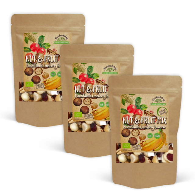 Nøtte- & Fruktmiks Macadamia Tranebær Banan ØKO 500g x 3 pakker