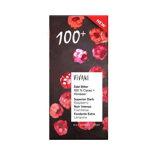 Vivani Sjokolade 100% med Bringebær ØKO 80g