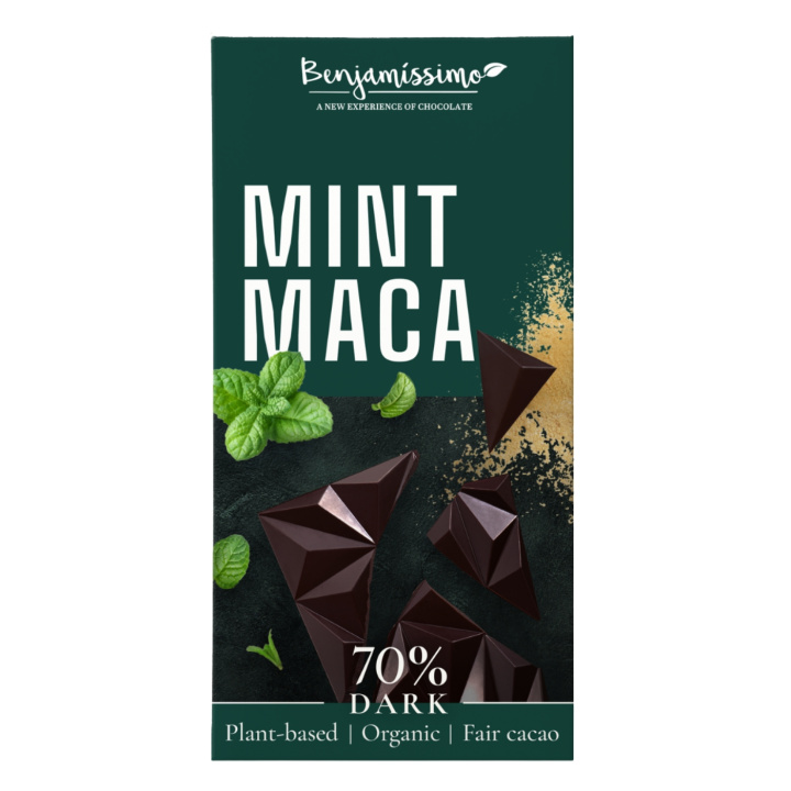 Benjamissimo Mørk 70% Mint & Maca ØKO 60g i gruppen Råvarer & Drikke / Godteri og sjokolade / Sjokolade og bars hos Rawfoodshop Scandinavia AB (2795X10)