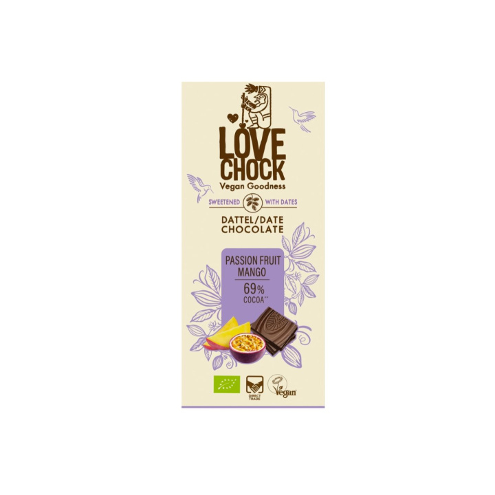 Sjokolade med Pasjonsfrukt, Mango & Dadler ØKO 70g i gruppen Råvarer & Drikke / Godteri og sjokolade hos Rawfoodshop Scandinavia AB (61205)