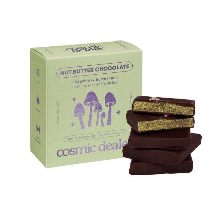 Sjokoladeboks Pistachio & Lions Mane ØKO 4 x 20g i gruppen Råvarer & Drikke / Godteri og sjokolade / Sjokolade og bars hos Rawfoodshop Scandinavia AB (BOX4LION)