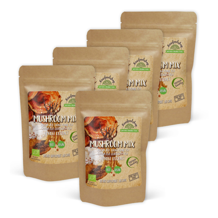 Mushroom mix Extract ØKO 400mg 60 kapsler x 5 pakker i gruppen Kosttilskudd / Urter & Planter / Sopp hos Rawfoodshop Scandinavia AB (CAPSMUS60-SET5)