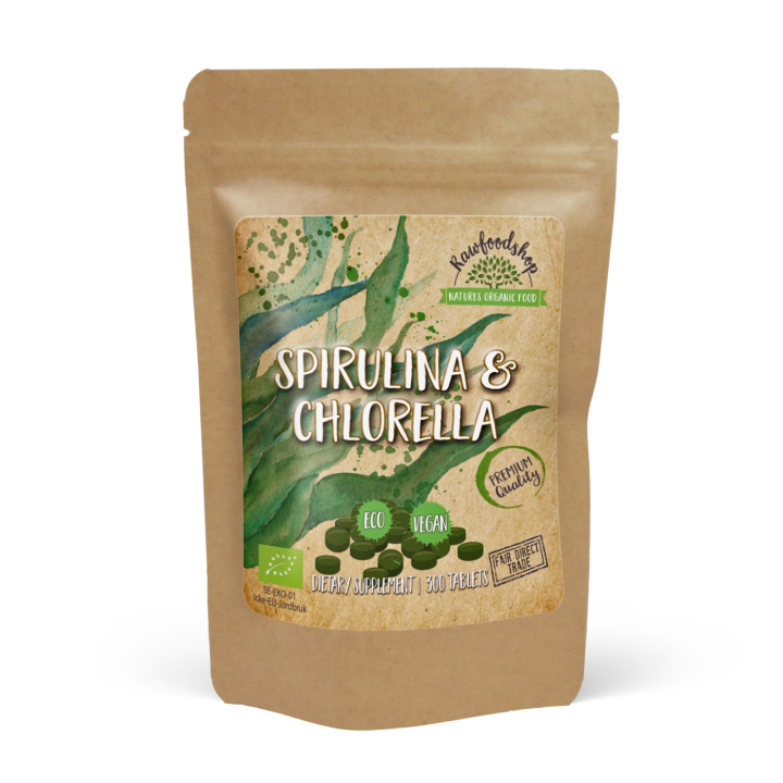 Spirulina Chlorella ØKO 500mg 300 tabletter i gruppen Kosttilskudd / Urter & Planter / Algetilskudd hos Rawfoodshop Scandinavia AB (CUSPCH300TAB)