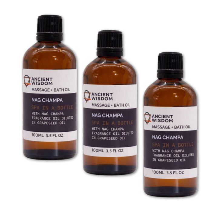 Nag Champa Massajeolje 100ml x 3 pakker i gruppen Hud & Kropp / Kropp / Massasjeolje hos Rawfoodshop Scandinavia AB (MOLUL-15-SET3)