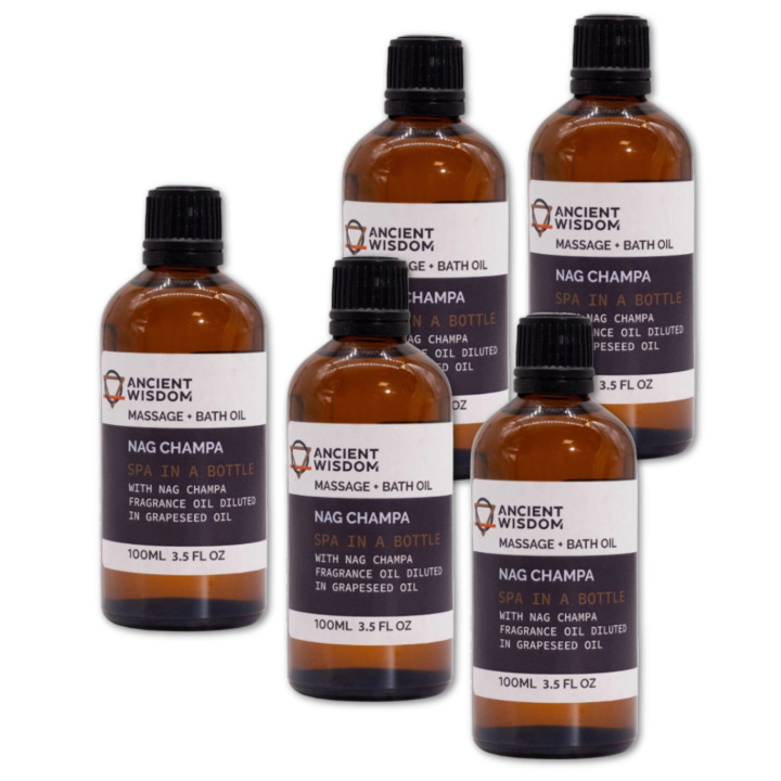 Nag Champa Massajeolje 100ml x 5 pakker i gruppen Hud & Kropp / Kropp / Massasjeolje hos Rawfoodshop Scandinavia AB (MOLUL-15-SET5)