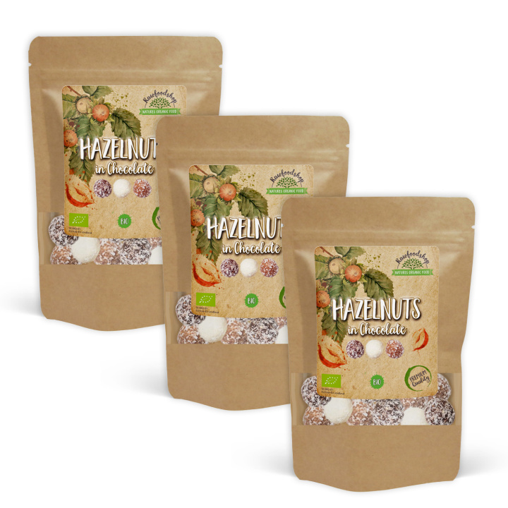 Hasselnøtter Mørk, Hvit og Lys Sjokolade ØKO 200g x 3 pakker i gruppen Råvarer & Drikke / Nøtter / Hasselnøtter hos Rawfoodshop Scandinavia AB (NOICHOCOTRIO5-SET3)