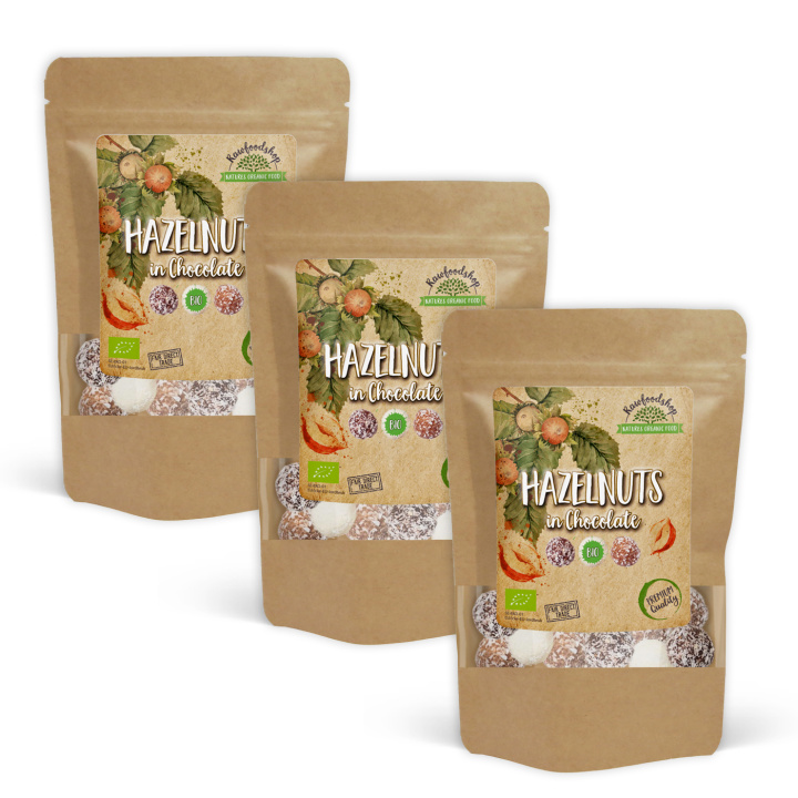 Hasselnøtter Mørk, Hvit og Lys Sjokolade ØKO 200g x 3 pakker i gruppen Råvarer & Drikke / Nøtter / Hasselnøtter hos Rawfoodshop Scandinavia AB (NOICHOCOTRIO5-SET3)